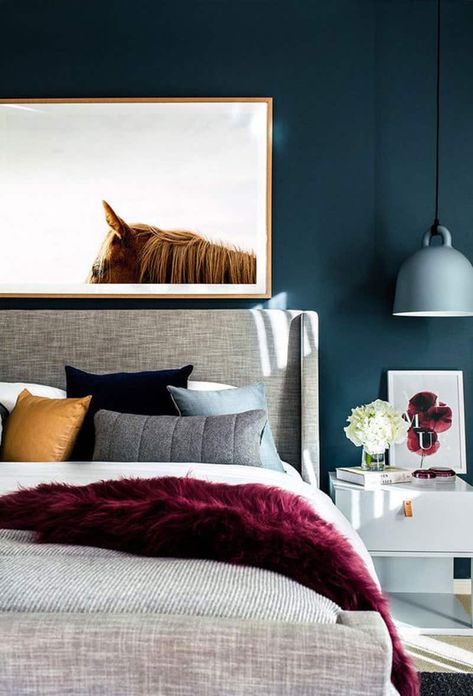 Decorating with Teal: Interior Design Inspiration for Using the Color Teal Blue Bedroom Design, Bedroom Color Schemes, Contemporary Interior Design, Contemporary Home Decor, Master Bedrooms Decor, Decor Minimalist, Contemporary Bedroom, White Bedding, House And Home Magazine