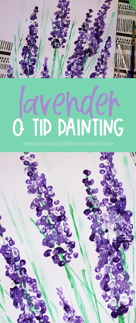 Lavender painting for kids - Q tip painting lavender craft. Flower craft. Painting With Flowers Preschool, How To Paint Lavender, How To Paint Lavender Flowers, Preschool Gardening, Q Tip Art, Flower Making Crafts, Lavender Painting, Painting Lavender, Lilac Paint