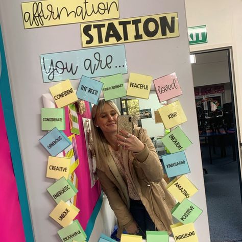 👩🏼 M I S S  M O R O N E Y on Instagram: “Affirmation station 💕 thanks @cootiesandcuties #mentalhealthawareness #affirmationstation #teacher #teaching #teacherlife #graduateteacher…” Information Station Bulletin Board, Student Turn In Station, Guidance Counseling, Early Years Educator, Graduating Teacher, Classroom Makeover, Effective Learning, School Related, Kids Behavior