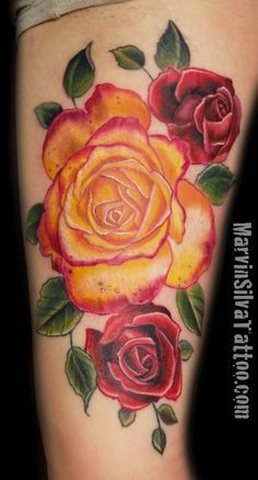 Yellow Rose Tattoo, Flower Tats, Yellow Rose Tattoos, Rose Tattoo Meaning, Red Rose Tattoo, Tattoo Rose, Roses Tattoo, Red Tattoos, Colorful Roses