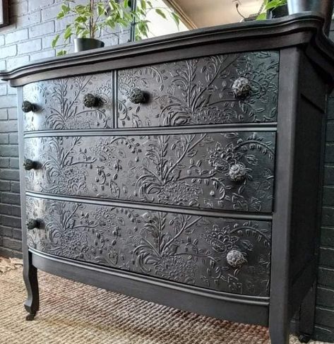 Black Stenciled Furniture, Witchy Dresser Makeover, Dresser Wallpaper, Grim Aesthetic, Diy Decoupage Furniture, Gothic Furniture Diy, Dresser Flips, Furniture Makeover Inspiration, Diy Furniture Upholstery