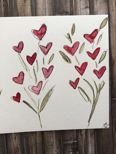 Valentine Card Handmade, Hand Drawn Christmas Cards, Valentines Day Drawing, Valentines Watercolor, Valentine Cards Handmade, Card Watercolor, Heart Painting, Watercolor Heart, Valentines Art