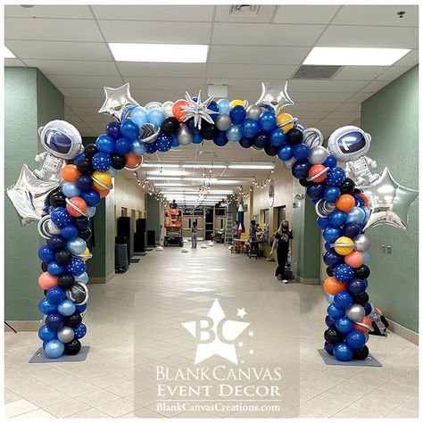 Out Of This World Graduation Theme, Outer Space Dance Theme, Space Theme Balloon Arch, Outer Space Balloon Arch, Outer Space Graduation Theme, Space Birthday Balloons, Space Dance Theme, Space Graduation Theme, Space Themed Dance