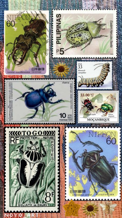 #stamps #beetles #bugs #textiles #embroidery Stamp Aesthetic, Bug Stamp, Textiles Embroidery, Rhino Beetle, Beetles, Aesthetic Vintage, Bugs, Textiles, Stamp