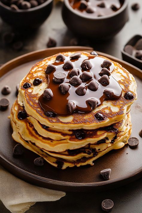 Chocolate Chip Pancakes Homemade Chocolate Chip Pancakes, Pancakes And Syrup, Pancakes Aesthetic, Chocolate Chip Pancakes Recipe, Melted Chocolate Chips, Cinnamon Roll French, Freeze Pancakes, Cinnamon Roll French Toast, Frozen Cheesecake