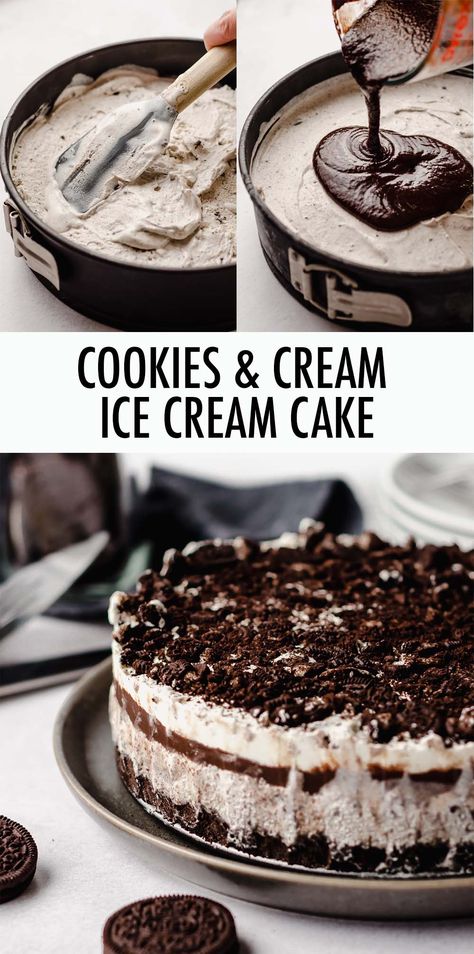 Make your own easy layered ice cream cake at home with store-bought ice cream, gooey hot fudge, creamy whipped cream topping, and plenty of Oreos in each bite. via @frshaprilflours Layered Ice Cream Cake, Whipped Cream Topping, Oreo Ice Cream Cake, Homemade Ice Cream Cake, Cake At Home, Ice Cream Cake Recipe, Ice Cream Treats, Cream Desserts, Ice Cream Desserts