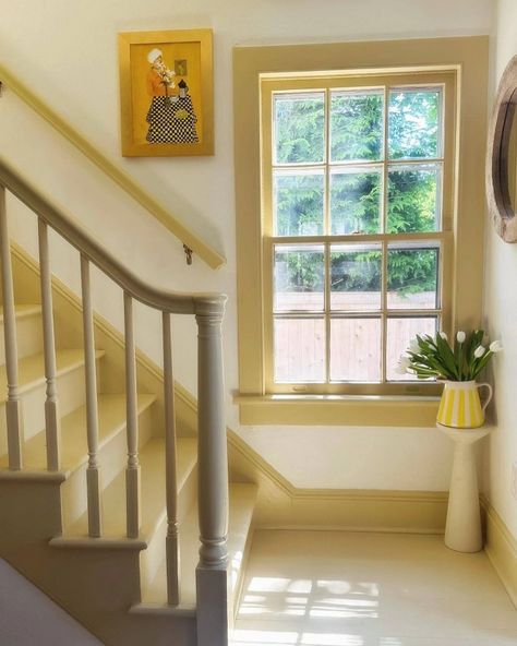 Yellow Stairs, Dix Blue, Dusty Yellow, Wimborne White, Oval Room Blue, Scenic Wallpaper, Colour Consultant, Yellow Interior, Metallic Wallpaper