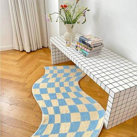 Checkerboard Bedroom, Y2k Bedroom Aesthetic, Carpet Cute, Y2k Bedroom, Checkered Decor, Interior Minimalista, Pastel Decor, Chic Rug, Checkered Rug