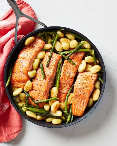 Post Image Asparagus Gnocchi, Salmon Gnocchi, Crispy Gnocchi, Fried Gnocchi, Salmon Skillet, Pan Fried Gnocchi, Tender Asparagus, Quick Salmon, Lemon Garlic Salmon