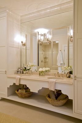 install mirrors all the way to the ceiling - Add lighting on the mirror instead of above and create a touch of glam Mirrored Wall In Bathroom, Large Mirrors In Bathroom, Bathroom Mirror With Sconces On Mirror, Mirror On Mirror Bathroom Vanity, Bathroom Chandelier Over Sink, Wall Of Mirrors In Bathroom, Master Mirror Ideas, Bathroom With Big Mirror Wall, Bathroom Mirror To Ceiling