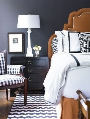 navy blue room, camel colored headboard Majestic Bedroom, Orange Headboard, Eclectic Bedroom Design, Navy Bedrooms, Blue Painted Walls, Navy Blue Walls, Bedroom Bliss, Eclectic Bedroom, Design Rules