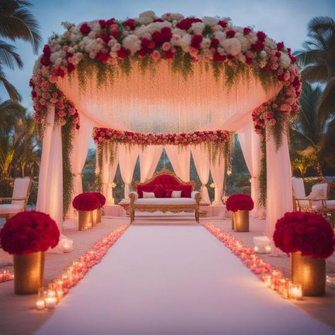 Wedding Decoration Red And White, Red And White Mandap Decor, Red And White Wedding Mandap, Red Mandap Decor, Shadi Mandap Decoration, Red Indian Wedding Decor, Mandap Designs Indian, Hindu Wedding Decorations Indian Theme, Phere Mandap Decoration