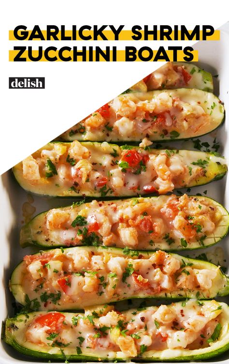 Garlicky Shrimp Zucchini Boats are low-carb, high flavor. Get the recipe at Delish.com. #recipe #easy #easyrecipes #shrimp #dinnerrecipes #zucchini #cheese #lowcarb #lowcarbrecipes #lowcarbdiet #seafood Shrimp Zucchini Boats, Shrimp Zucchini, Garlicky Shrimp, Zucchini Boat Recipes, Stuffed Zucchini Boats, Stuffed Zucchini, Zucchini Boats, Diet Vegetarian, Think Food