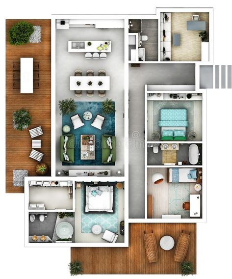 Photo about 3d furnished floor plan of a house with big living dining kitchen three bedrooms office and three bathrooms with one matrimonial dressing. Image of drawing, architecture, blueprint - 45834395 Big Apartment, Three Bedroom House Plan, 3d House Plans, Apartment Floor Plan, Three Bedroom House, Small House Floor Plans, Apartment Floor Plans, Floor Plan Layout, Bedroom Furnishings