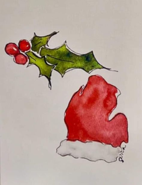 Watercolor Christmas Art, Michigan Mitten, Mittens Card, Michigan Christmas, Tree Collage, Painted Christmas Cards, Christmas Artwork, Fabric Cards, Christmas Card Art