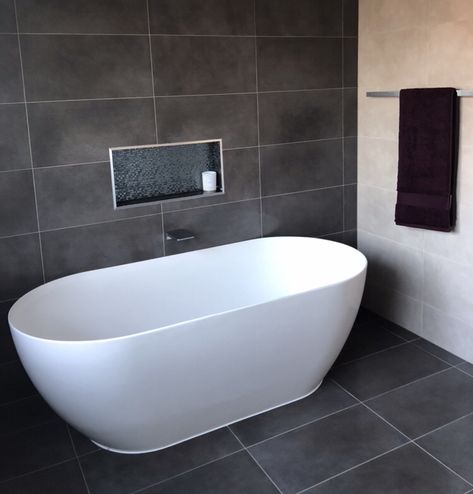 Bathroom renovation completed using Moretti 300x600 tile #tpghtiles #bathroom #tilepowergregoryhills #bathroomrenovations 300x600 Tiles Bathroom, Dark Grey Bathroom Floor Tile, Dark Grey Tile Bathroom, Bathroom Dark, Ensuite Ideas, Dark Grey Tile, Grey Bathroom Tiles, 1st House, White Bathroom Tiles