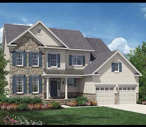 Exterior color scheme, ivory siding, gray roof, blue shutters House Shutter Colors, Toll Brothers Homes, Shutter Colors, Floor Plans Ranch, House Shutters, Blue Shutters, House Facade, Home Exterior Makeover, Suburban House