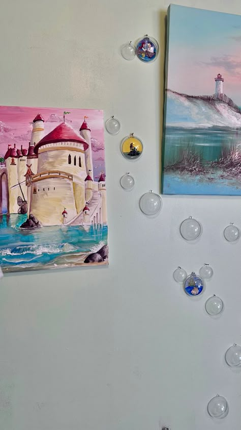 Ornament Disney decor! Painted on flat wood ornaments and covered in half of a plastic circular ornament. Little Mermaid Disney Room, Ariel Bathroom Decor, Disney Little Mermaid Bathroom, Little Mermaid Nursery Theme Disney, Bubble Bathroom Theme, Little Mermaid Bathroom Ideas, Disney Bathroom Ideas, Moana Bathroom, Mermaid Themed Bathroom