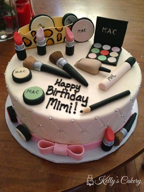 Make Up Birthday Cake Girls Kids, Makeup Cake Ideas, Makeup Cake Design, Makeup Birthday Cakes, Mac Cake, Kue Fondant, Cake Makeup, Makeup Cake, 14th Birthday Cakes