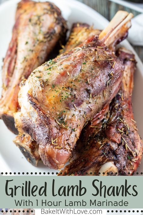 These grilled lamb shanks are marinated in a homemade lamb marinade and then grilled to perfection for a tasty entrée! They are easy to make and have minimal prep work involved. Of course, these delicious lamb shanks are perfect for any barbecue or get-together! BakeItWithLove.com #bakeitwithlove #grilled #lambshanks #lamb #recipe Grilled Lamb Shank Recipe, Bbq Lamb Shanks, Marinades For Lamb, Smoked Lamb Shanks, Lamb Ribs Recipe Grill, Goat Shank Recipe, Smoked Lamb Shank Recipe, Lamb Seasoning, Lamb Recipes Oven