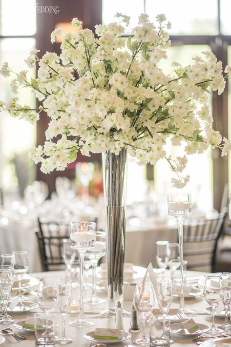 White Cherry Blossom Wedding, Cherry Blossom Wedding Centerpieces, Cherry Blossom Wedding Decor, Cherry Blossom Centerpiece, Glamorous Wedding Decorations, Elegant Wedding Centerpiece, Elegant Centerpiece, Wedding Centrepieces, Classic Wedding Decorations