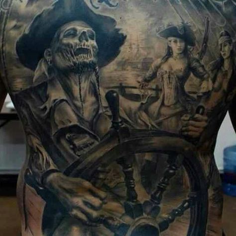 Zombie undead pirate black and white back tattoo Torres Tattoo, Tattoos Masculinas, Pirate Tattoo, Don Pedro, Kunst Tattoos, Tattoo Henna, Full Back Tattoos, Nautical Tattoo, Geniale Tattoos