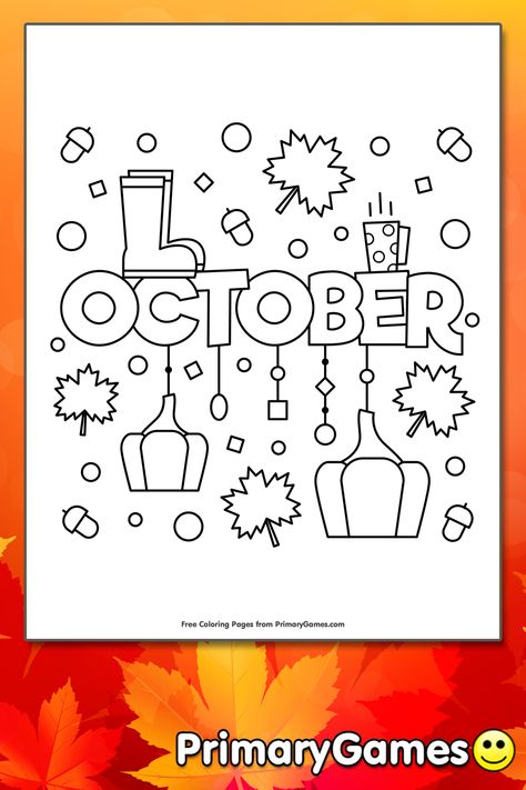 FREE October Coloring Page printable. PRINT and COLOR Fall PDF Coloring Books from PrimaryGames. Our online collection of EASY and ADULT Coloring Pages feature the BEST pictures for you to color. October Pictures, Pictures To Color, Turkey Coloring Pages, Merry Christmas Tags, Toddler Homeschool, Kids Printables, Rock Painting Tutorial, Bullet Journal Mood Tracker Ideas, Coloring Calendar