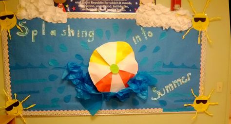 Splashing into summer bulletin board! Cafeteria Bulletin Boards, Summer Bulletin Board, Summer Bulletin Boards, Winter Bulletin, Winter Bulletin Boards, Preschool Bulletin, Preschool Bulletin Boards, Summer Crafts For Kids, Splish Splash