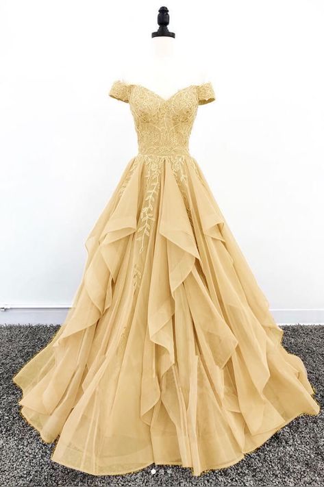 Yellow Yule Ball Dress, Yellow Off The Shoulder Prom Dress, Prom Dresses Long With Pockets, Yellow Ballgown Prom Dress, Princess Belle Prom Dress, Yellow Princess Prom Dress, Yellow Ball Gowns Princesses, Yellow Ball Gown Aesthetic, Hufflepuff Wedding Dress