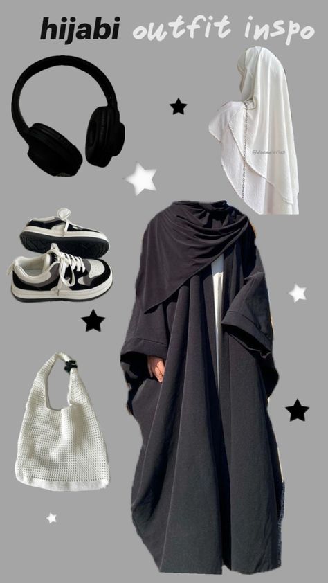 black and white modest abaya hijab outfit fashion black headphones white tote bag black and white fashion shoe sneaker white hijab khimar Modest Outfits Muslim Casual, Abaya Hijab Outfit, Hijab Outfit Aesthetic, Abaya Outfits, Modest Abaya, Modest Outfits Muslim, Modest Girly Outfits, Fesyen Islam, Abaya Outfit