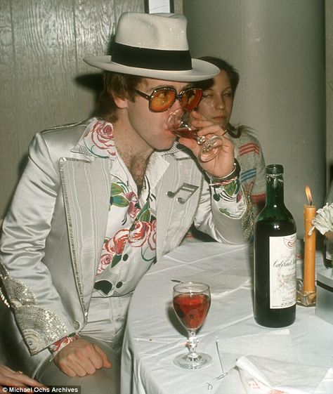 Elton John - "Drunk all the time Feeling fine on elderberry wine" Elton John Costume, David Furnish, John Barry, Book Launch Party, Captain Fantastic, Black And White Tuxedo, Italo Disco, Taron Egerton, Music Theater