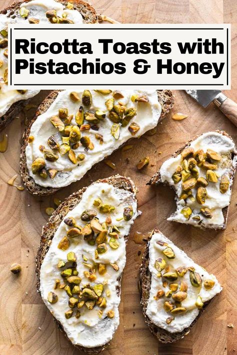 Ricotta Toasts with Pistachios and Honey Figs With Ricotta Pistachios And Honey, Cravings Recipes, Crispy Bread, Meal Rotation, Ricotta Toast, Protein Bowls, Quick Lunch, Quick Lunches, Ricotta Cheese