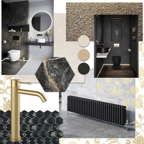 Black Bathroom Moodboard, Bathroom Moodboard Interior Design, Dark Bathroom Mood Board, Bathroom Interior Mood Board, Toilet Mood Board Design, Bathroom Material Board, Grey Bathroom Mood Board, Bathroom Mood Board, Glamour Bathroom