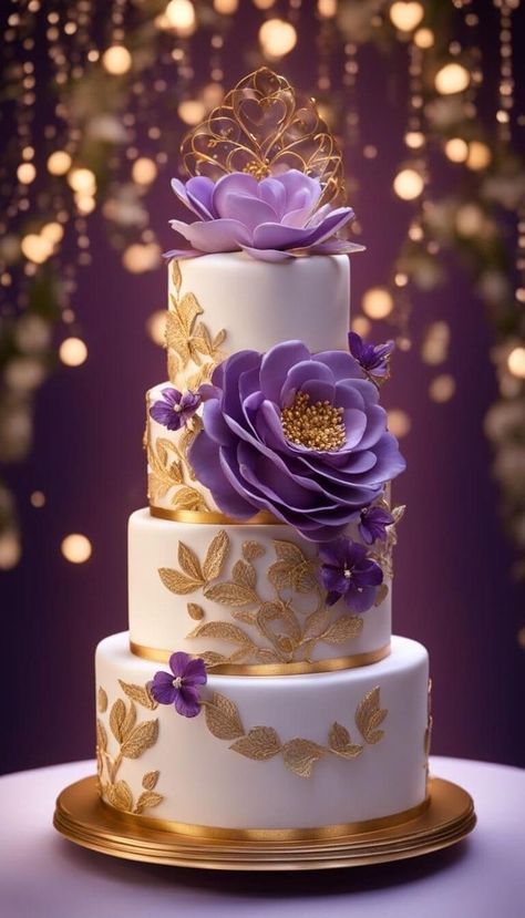 Wensday Cake, Dreamy Cake, Wedding Cake Simple Elegant, Flower Cake Design, Learn Cake Decorating, Purple And Gold Wedding, Tiered Cake Design, Birthday Cake Decorating Ideas, 80 Birthday Cake