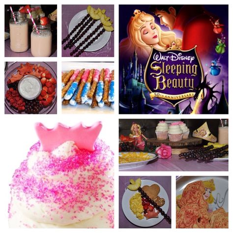 Disney Sleeping Beauty Dinner and a Movie Party Night. We had breakfast foods for when Aurora woke up & lots of pink. Heart shaped pancakes, scrambled eggs & cheese, strawberry milk, watermelon shaped crowns, berries from the forest & a grape sword for Prince Philip. For dessert, princess cupcakes & Aurora cookies. Snack during the movie- crown shaped cheese & crackers, pink or blue dipped pretzel rods for the two fairies who couldn't decide which color & chips that were as hot as Maleficient, t Sleeping Beauty Movie Night, Sleeping Beauty Dinner Ideas, Sleeping Beauty Food, Aurora Cookies, Sleeping Beauty Dinner, Disney Themed Dinner And Movie, Sleeping Beauty Dinner And A Movie, Disney Movie Night Menu Enchanted, Disney Dessert Recipes