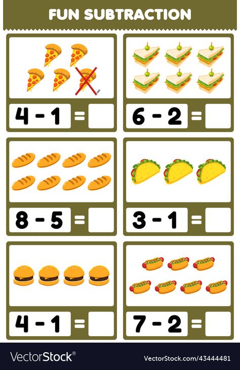 Easy Math Worksheets, Taco Burger, Zoo Activities, Subtraction Games, Cartoon Food, Pizza Sandwich, Game For Children, Food Pizza, Kindergarten Learning