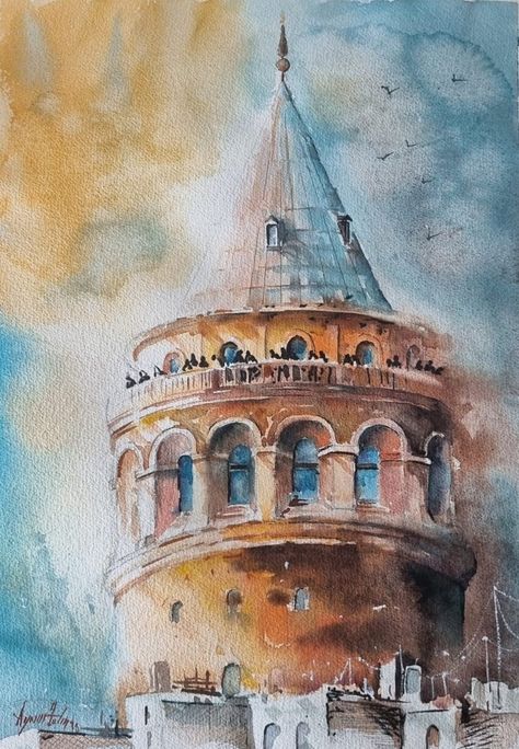 Istanbul Architecture, Galata Bridge, Daniel Smith Watercolor, Bridge Landscape, Colorful Canvas Art, Unique Canvas Art, Minimal Painting, Canvas Art Projects, Arches Watercolor Paper