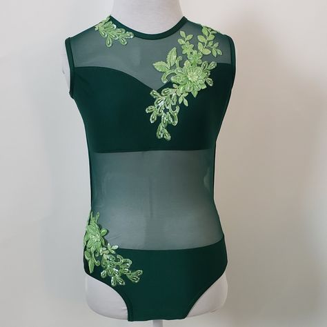 Earthy green leotard with sequin appliques is perfect for an acro-heavy routine Emerald Green Dance Costume, Green Dance Costume, Lyrical Dance Costumes Solo, Dance Costume Ideas, Sparkly Leotard, Green Leotard, Acro Leotards, Dance Costumes Dresses, Mesh Leotard