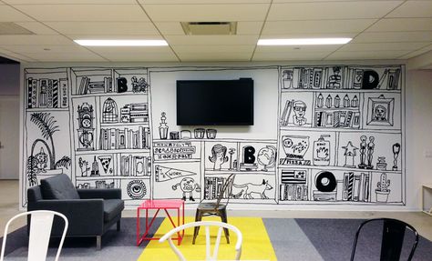 Work for BBDO's NY office renovation. The first option was approved by David Lubars, Chief Creative Officer of BBDO NY and is currently in the     office.The challenge was to design around the television in the middle of the wall. The other 15... Office Graphics, Office Mural, Office Renovation, Office Workspace, Mural Design, Mural Wall Art, Office Walls, Office Inspiration, Wall Graphics