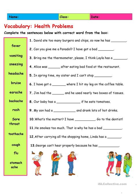 Vocabulary: Health Problems 2 - English ESL Worksheets for distance learning and physical classrooms Health Vocabulary English Lessons, Vocabularies Worksheets, Health Vocabulary Worksheets, Esl Vocabulary Worksheets, Vocabulary Worksheets For Grade 2, Health Problems Worksheet, Health Worksheets For Kids, Vocabulary Words Worksheet, English Vocabulary Worksheets