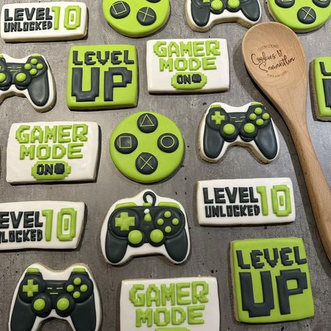 Gaming Birthday Cookies, Level Up Cookies Decorated, Game On Cookies, Video Game Cookies Decorated, Gamer Cookies Decorated, Nintendo Cookies, Gaming Cookies, Video Game Cookies, Video Game Party Food