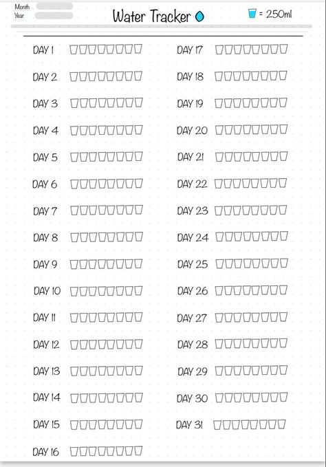 Staying hydrated is essential for your overall health and well-being. This hydration tracker can help you make sure you're drinking enough water each day. Just track your water intake and see how you're doing over time.

[Image of a hydration Water Tracker Template, I Love Template, Water Intake Chart, Bullet Journal Layout Templates, Water Intake Tracker, Hydration Tracker, Printable Habit Tracker, Drinking Enough Water, Bullet Journal Ideas Templates