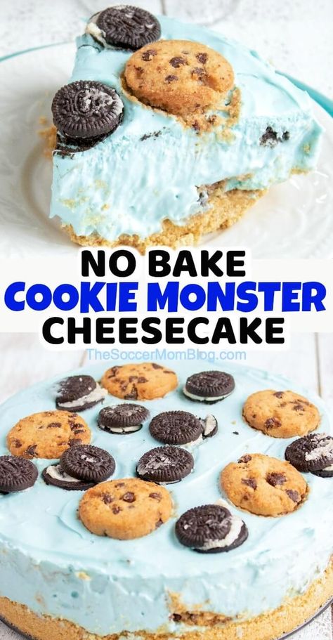 If you're crazy about cookies and cream, then you'll LOVE this No Bake Cookie Monster Cheesecake! No Bake Cookie Monster Cheesecake, Cookie Monster Cheesecake Recipe, Cookie Monster Cheesecake Bars, Cookie Monster Recipes, Easy No Bake Cherry Cheesecake, Cookie Monster Cheesecake, Monster Cheesecake, Fun Cheesecake, Crazy Desserts