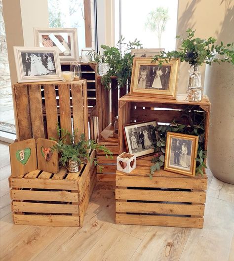 GG's apples crates available to hire for your wedding day. Use as props and place images, flowers or other accessories. Crate Decor, Apple Crate, Gypsophila Wedding, Wedding Photo Display, Rural Wedding, Apple Crates, 50th Party, Family Wedding, Wedding Welcome