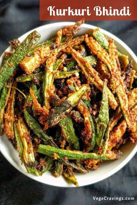 Kurkuri Bhindi is a crispy, spicy & delicious preparation made by deep frying Okra coated in Besan (Chickpea Flour) and spices. Frying Okra, Krishna Recipes, Crispy Okra, Indian Main Course, Kurkuri Bhindi, Bhindi Recipe, Vegetarian Curries, North Indian Food, Indian Vegetarian Dishes