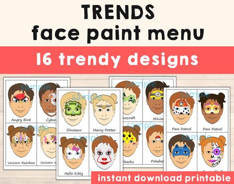 Face Painting Menu Board Choice Kids Paint Pack of 16 Trendy | Etsy Face Painting Menu Board, Painting Unicorn, Face Template, Face Painting Easy, Word Board, Kids Face Paint, Face Painting Halloween, Kids Menu, Menu Board