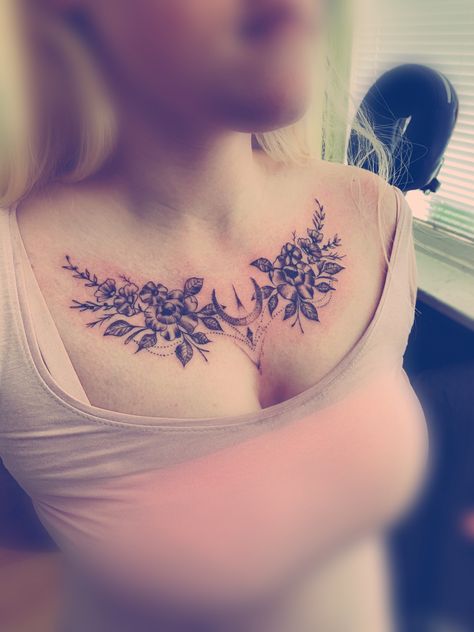 Chest Tattoos For Women Upper, Full Chest Tattoo Female, Women Chest Tattoo Classy, Flower Chest Tattoo Female, Tattoo Near Crotch, Chest Tattoo Outline, Upper Chest Tattoo Female, Upper Chest Tattoos For Women, Upper Chest Tattoo