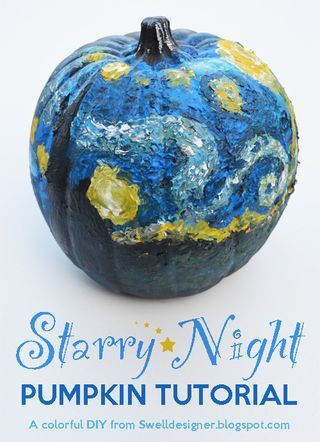 Starry Night Pumpkin Painting Tutorial | The Swell Life | Bloglovin' Starry Night Pumpkin, Creepy Crafts, Diy Pumpkins Crafts, Pumpkin Inspiration, Creative Pumpkin Painting, Pumpkin Patterns, Coastal Fall, No Carve Pumpkin Decorating, Pumpkin Eater