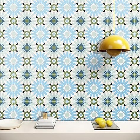 Moroccan Handmade Cement Tiles 8 INCH X 8 INCH Sky Blue, Green, White, Doha ENCAUSTIC Floor and Wall, Indoor and Outdoor Tiles, Pack of 12 - Amazon.com Moroccan Tile Backsplash, Fez Morocco, Backsplash Bathroom, Encaustic Cement Tile, Wall Decor Decals, Fire Water, Cement Tiles, Moroccan Tile, Tile Stores