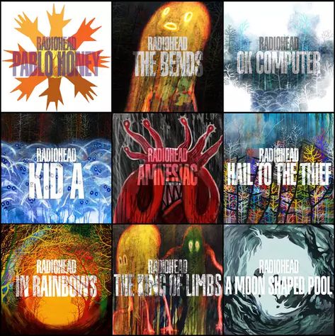 Radiohead Albums in every Radiohead Style - Imgur Radiohead King Of Limbs, The King Of Limbs Radiohead, Radiohead Album Cover, Radiohead Artwork, Radiohead Kid A, Radiohead Poster, Radiohead Albums, King Of Limbs, Ok Computer